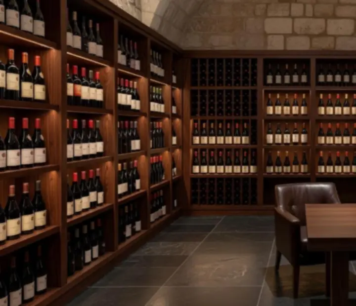 Cave à vins vitrée d’un restaurant gastronomique avec grandes bouteilles de vin