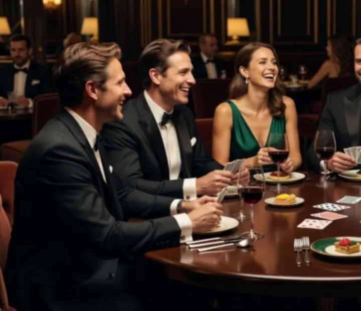 Invités élégants partageant un moment convivial autour d’une table de poker et de mets gastronomiques