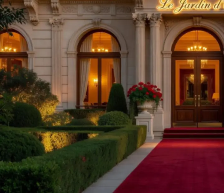 Entrée d’un restaurant gastronomique de luxe en soirée