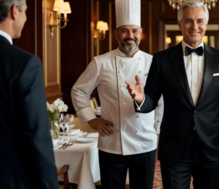 Équipe de service en salle offrant un accueil chaleureux dans un restaurant gastronomique haut de gamme