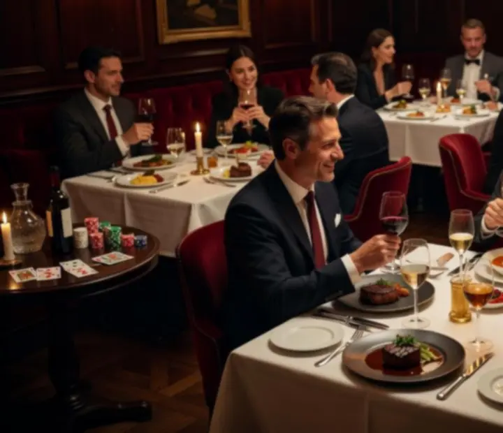 Ambiance cinématographique d’un restaurant gastronomique avec cave à vins