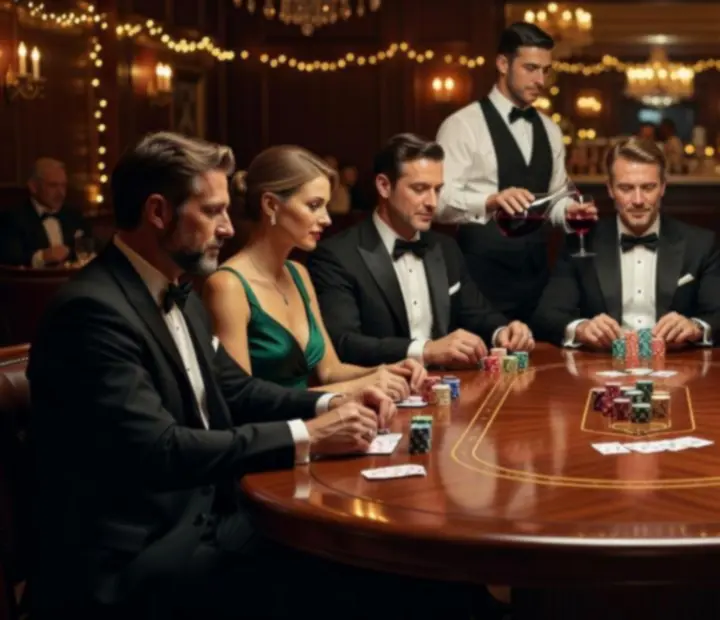 Vue cinématographique d’une soirée poker offline dans un restaurant gastronomique