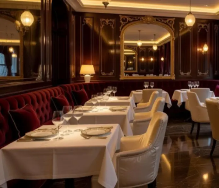 Intérieur d'un restaurant gastronomique luxueux, aux lumières tamisées et aux tables élégamment dressées