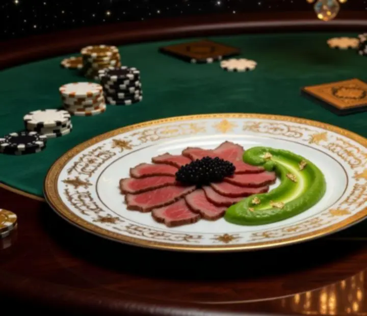 Plat gastronomique raffiné servi près d’une table de poker avec un croupier