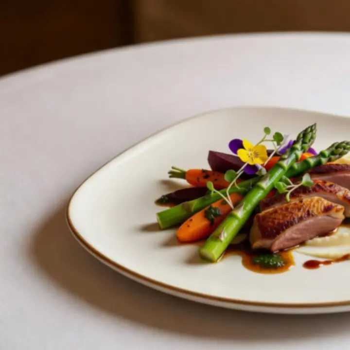 Plat gastronomique signature dressé dans une assiette contemporaine