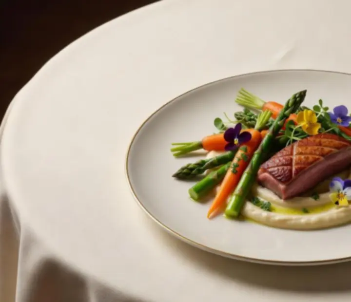 Plat gastronomique raffiné accompagné d'un verre de vin rouge dans un cadre élégant