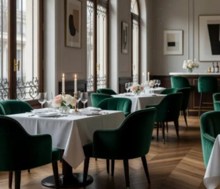 Salle à manger raffinée avec grandes baies vitrées et tables dressées avec élégance