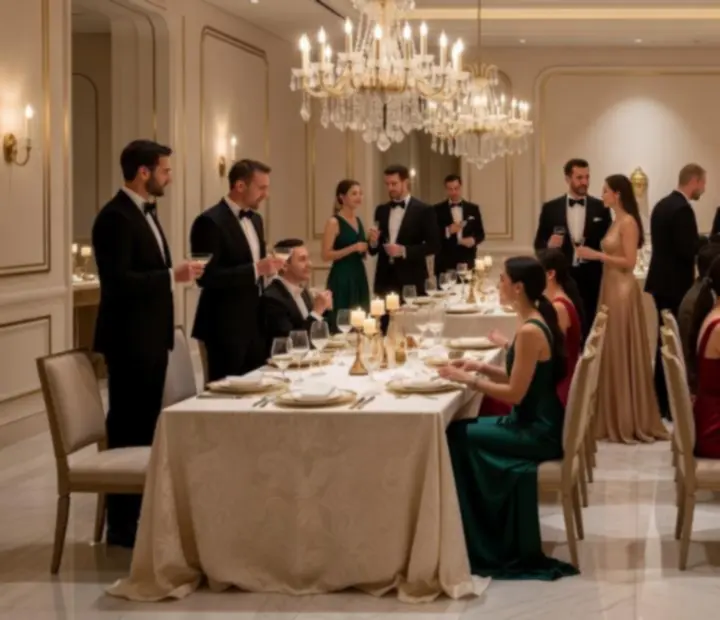 Salle de restaurant élégante préparée pour un événement gastronomique
