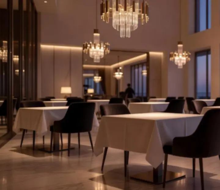 Salle de restaurant gastronomique élégante, tables dressées et lumière feutrée.