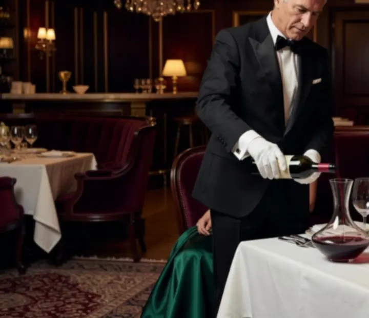 Sommelier servant un vin de prestige à table dans un restaurant élégant