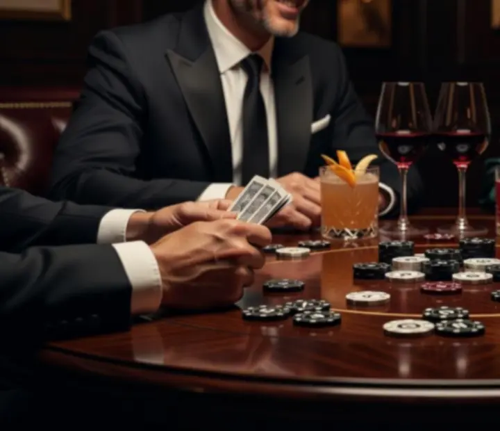 Table de poker raffinée dans un salon feutré avec des convives élégants