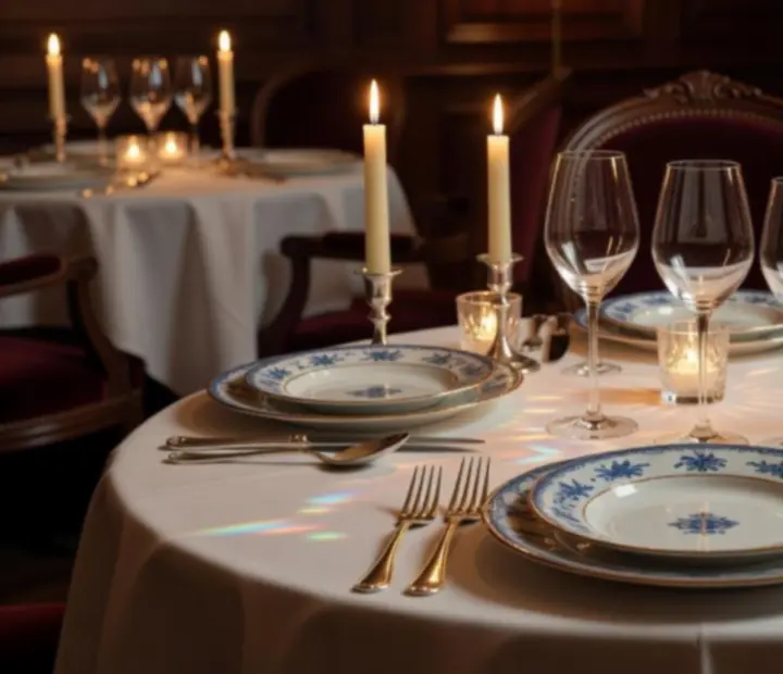 Table gastronomique dressée avec bougies, nappes blanches et vaisselle d'exception