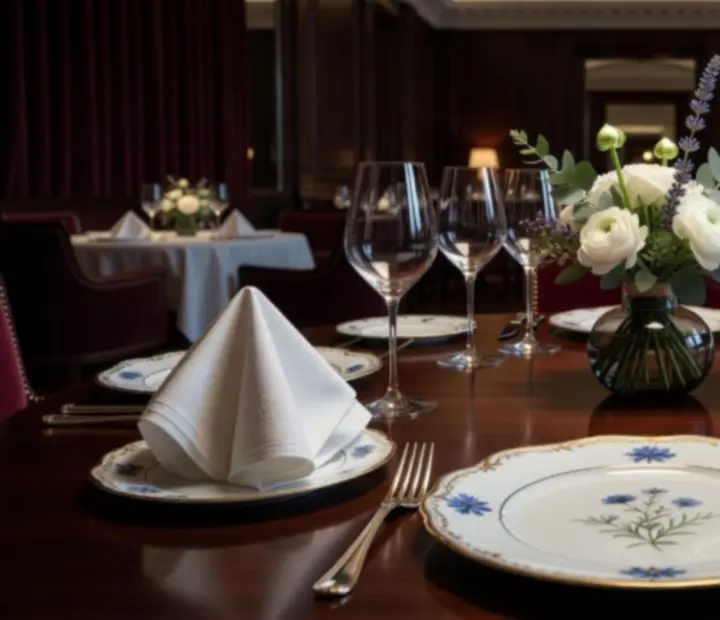 Table gastronomique mise en place avec vaisselle raffinée, verres à vin et chandelles.